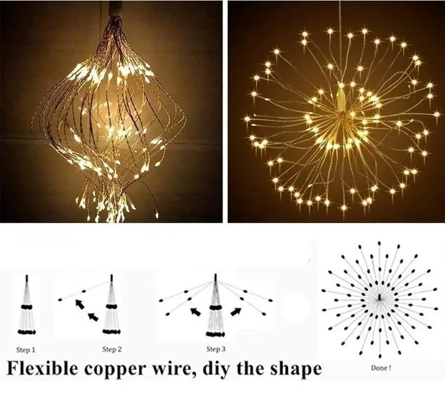 Solar Powered Lawn Light Fireworks Copper Lamp String Waterproof Lamp for Christmas