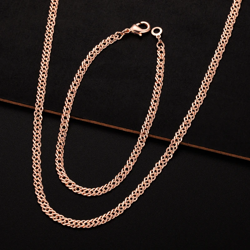 Men Woman 4mm Real Rose Gold Color Set Jewelry Smooth Bracelet Necklace Lin Chains