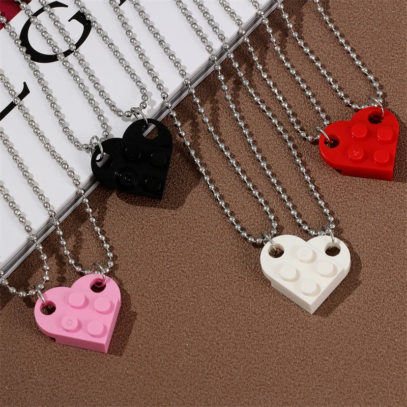 2Pcs Cute Love Heart Brick Pendant Necklace for Couples Friendship Women Men Couple Valentines Gifts Punk Necklace