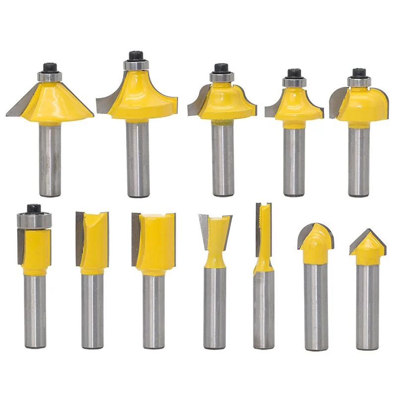 Conjunto de bits de roteador 12 unidades de 8mm Cortador de fresagem reta Bits de madeira Corte de carboneto de tungstênio Corte de madeira