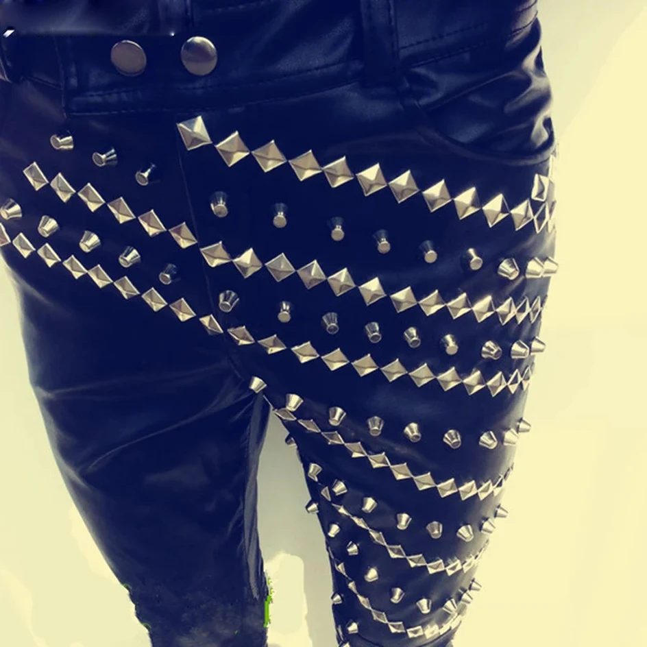 

Rivet MEN Black PU Leather Pants Fashion Male Costume Singer Dancer Stars Performance costume