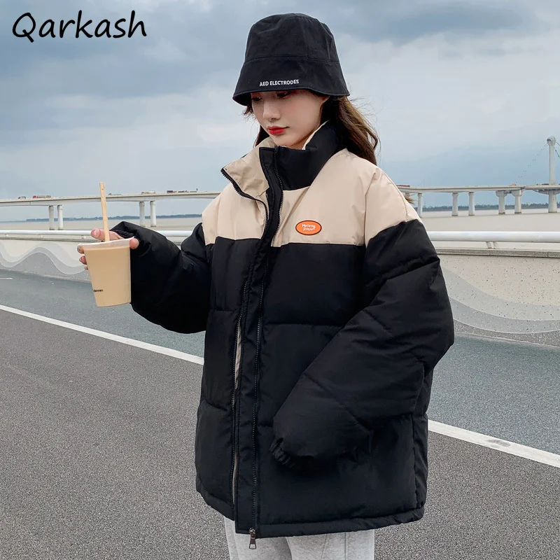 

Parkas Women Patchwork Zipper Stand Collar Thick Winter Warm Korean Style Leisure Loose Minimalist College Outwear Femme Daily