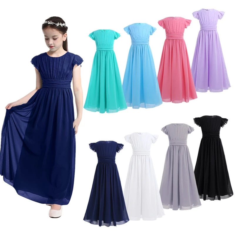 

Junior Bridesmaid Dresses Girls Pleated Chiffon Long Dress Childrens Pageant vestidos Wedding Party Dress Princess Kids Dresses