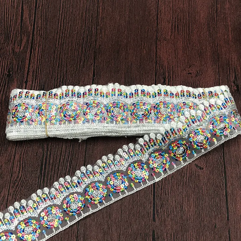 10 Yards/lot Polyester Embroidery Colorful Sequins Ripple Lace Ribbon Trims  DIY Clothing Accessories Patchwork 5cm Wide