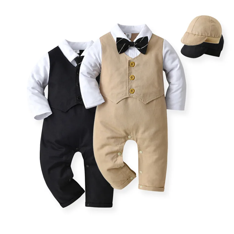 Spring Autumn Handsome Bowknot Boys Romper Long Sleeve Fake Vest Jumpsuit + Hat 2Pcs Suit For Boy Kids Gentleman Clothes