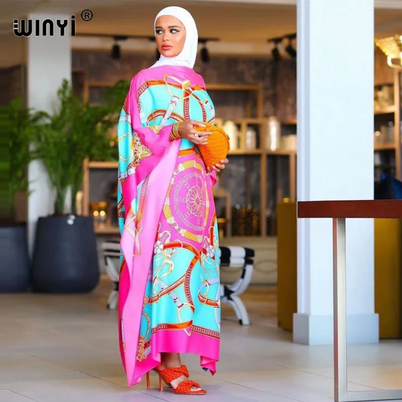 Gaun Wanita Lengan Panjang Rajutan Elegan Kerah Print Blok Warna Atas Ukuran Batwing Panjang 2020 Pakaian Fashion Musim Semi Kaftan