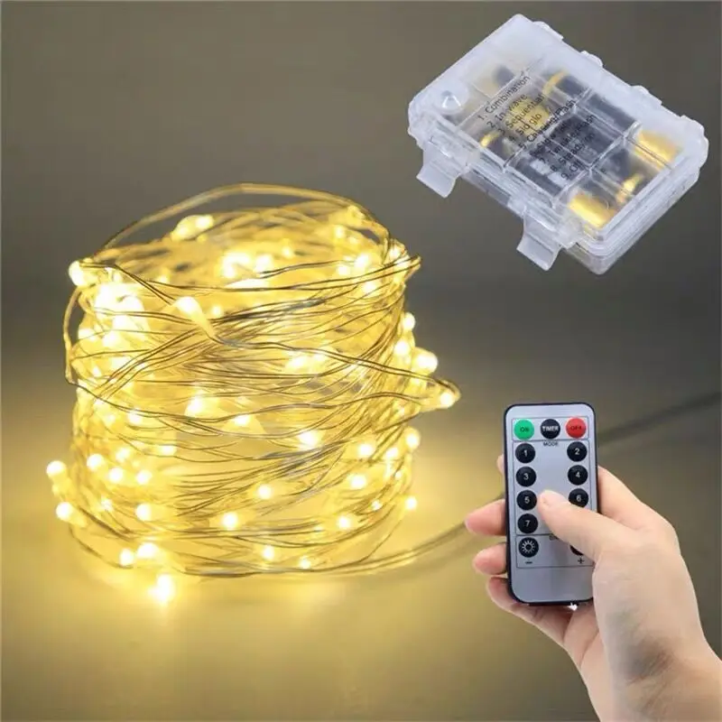 Guirlande lumineuse féerique Led de 5 à 20M, avec batterie, télécommande, minuterie, fil argenté étanche, lumière de décoration de jardin de noël