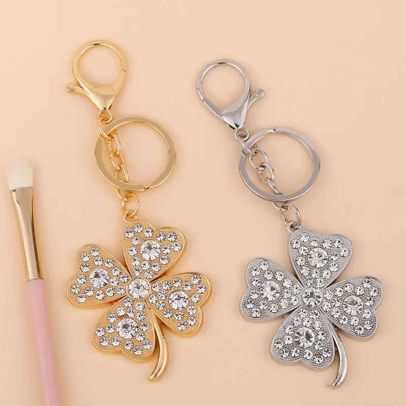 Gold Color Big Leaf Clover Keychains Pendant Charms Micro Paved Crystal Key Chain Accessories Key Ring Holder Bag Car kcha03