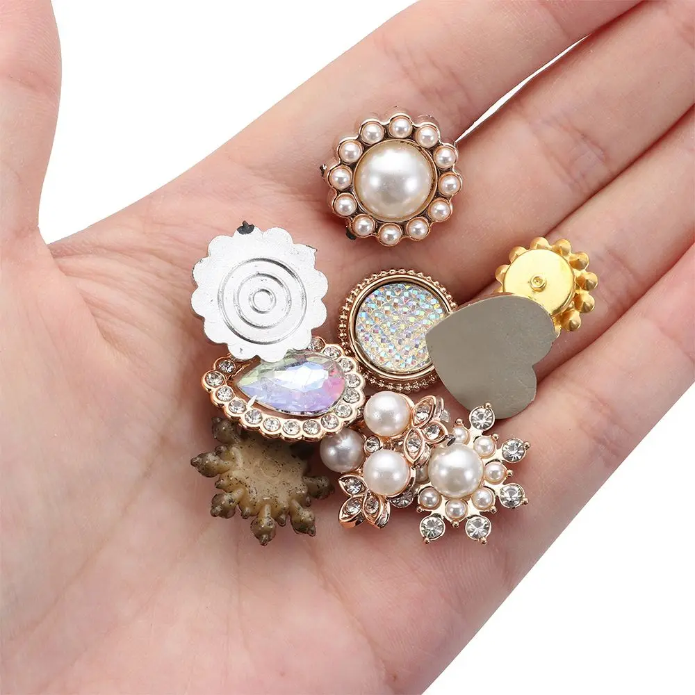 10PCS Pearl Flower Rhinestone Buttons Sparkling Crystal Headwear Accessories Hairpins Decoration Clothes Sewing DIY Crafts Tools