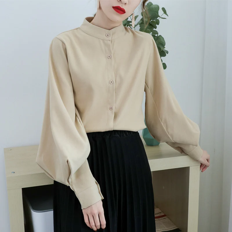 BGTEEVER Vintage Lantern Sleeve Spring Summer Women Shirt Blouses Single Breasted Blouse Female Loose Shirts Tops blusas mujer