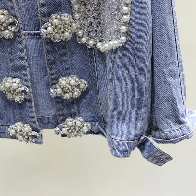 Imagem -03 - Primavera 2023 Vintage Remendo Diamante Lantejoulas Bolso Azul Denim Jaqueta Feminina Solto Manga Longa Casual Jeans Jaquetas Vetement Femme