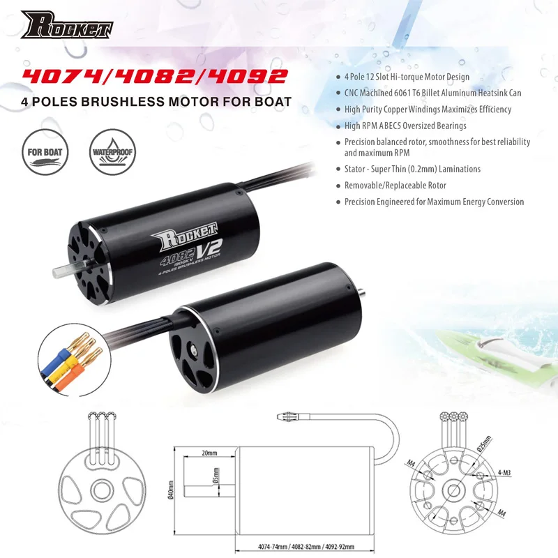 Rocket 4074 1700KV 2000KV 2250KV 4P Brushless Motor W/40-S Cooling JacketสำหรับM41 Catamaran Spartan 1000มม.(ด้านบน) RCเรือ