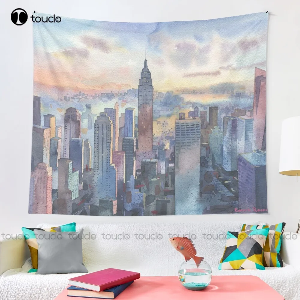 New York Watercolor Paper City New York Skyscrapers Sunset Sky View Tapestry Horizontal Tapestry Wall Hangings Wall Covering