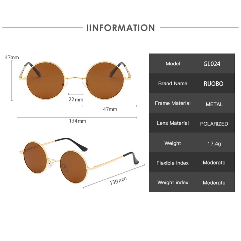 RUOBO-gafas de sol polarizadas con montura redonda de Metal para hombre y mujer, lentes de sol polarizadas Retro para conducir, pescar, marca de