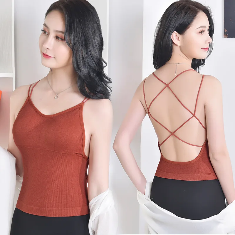 Summer Women Crop Top Female Cropped Sexy Tanks Seamless Underwear Cross Back Camis Top Sleeveless Padded Camisole Femme