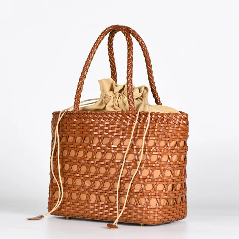 Summer new Genuine Leather Hollowed Woven Shoulder Bag with Casual Woven Inside Bag Vintage Shopping Bag Cowhide Tote Bag