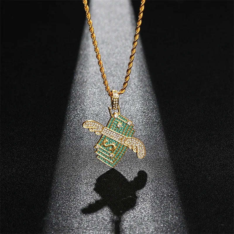 Flying Money Necklace Wings Cash Pendant Men\'s Jewelry Punk Hip Hop Rock Style Rap Dancer Handsome Guy Accessories Cool Gifts