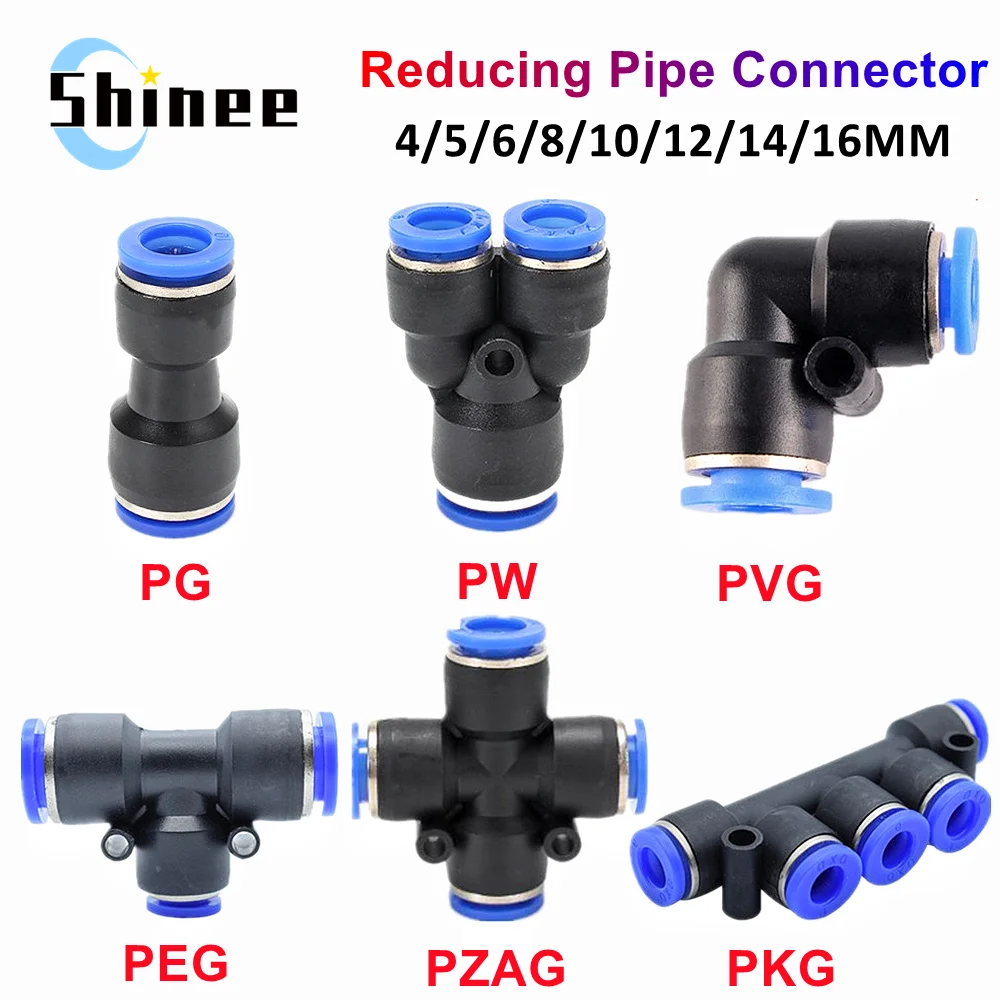 Pneumatic Fittings Pipe Connector Tube 4 5 14mm OD Hose Reducing 8 10 12mm PG PVG PEG PW PZAG  Plastic Push In Air Quick Fitting