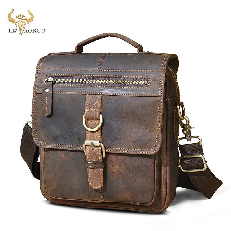 Crazy Horse Leather Male Fashion Retro Tote Messenger bag Design Satchel Cross-body Shoulder bag 9.8