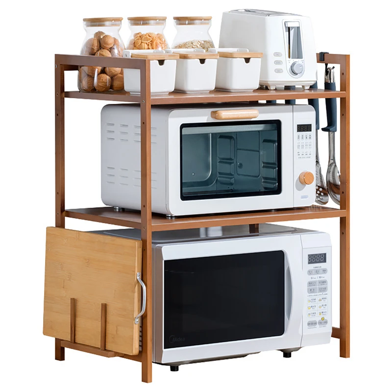 

2/3Tier Adjustable Height Bamboo Kitchen Storage Rack Microwave Oven Steaming Box Shelf with Chopping Board Rack Hook Hanger