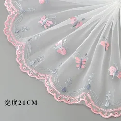 30Yards Blue Pink Butterfly Embroidered Lace Trim Mesh Tulle Fabric For Lingerie Underwear Bra Doll's Dress Decor 21cm Width