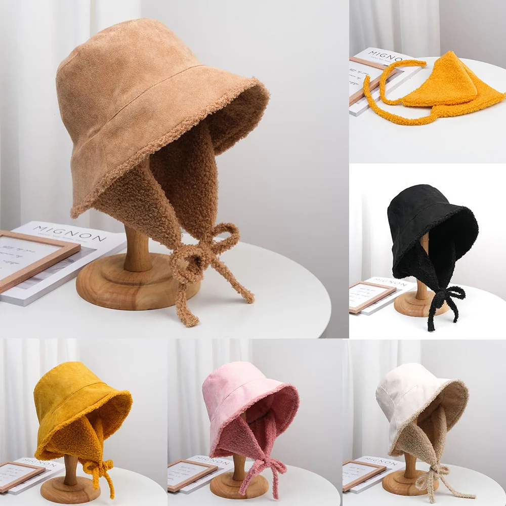 Lamb Fur Fisherman Hat Fur Warm Female Hat Ear Protection Men And Women Bucket Hat Outdoor Sun Hat Panama Hat