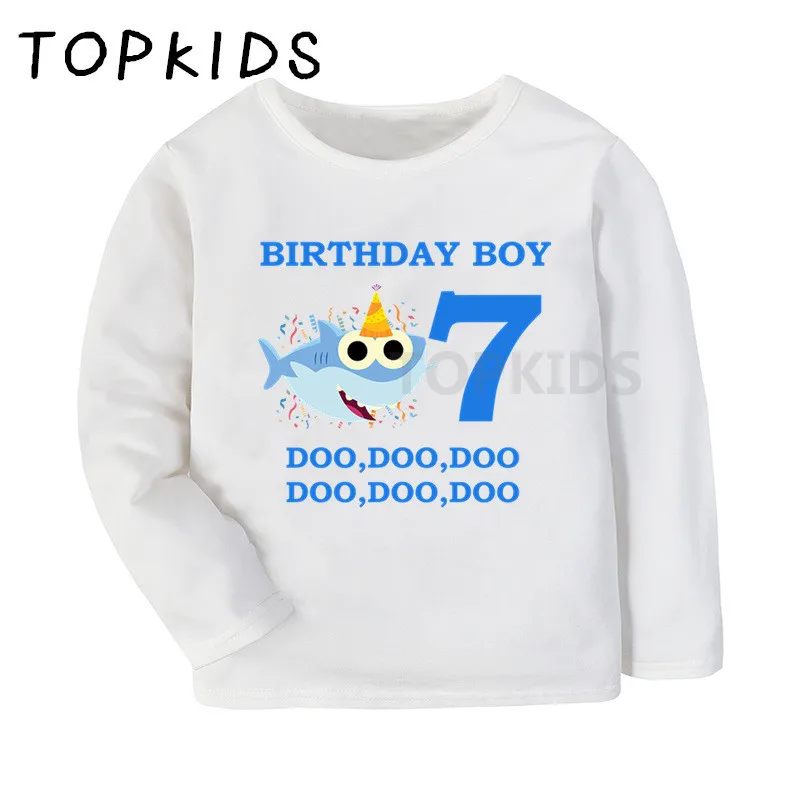 2021 Boys Happy Birthday Blue Shark 1-9 Number Cartoon Print T shirt Kids Long Sleeve T-shirt Children Funny Clothes,LKP2441