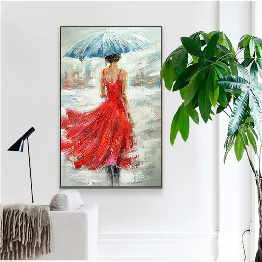الحديثة رسمت باليد قماش النفط اللوحة مجردة الأحمر تنورة فتاة ديكور المنزل جدار صورة فنية لغرفة المعيشة الزفاف المشارك هدية