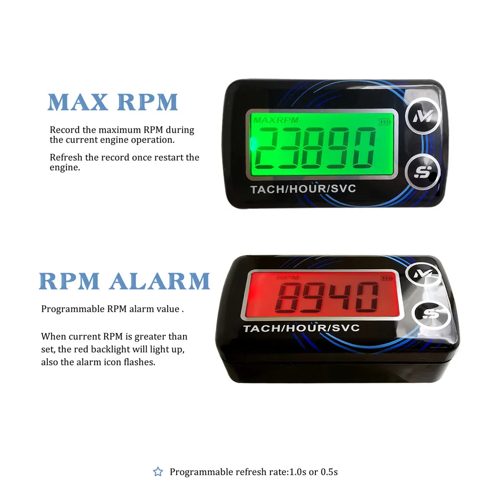 Tach Hour Meter Digital Tachometer Engine Resettable Maintenace Alert RPM Hour Meters for Motor Chainsaws Boats ATV