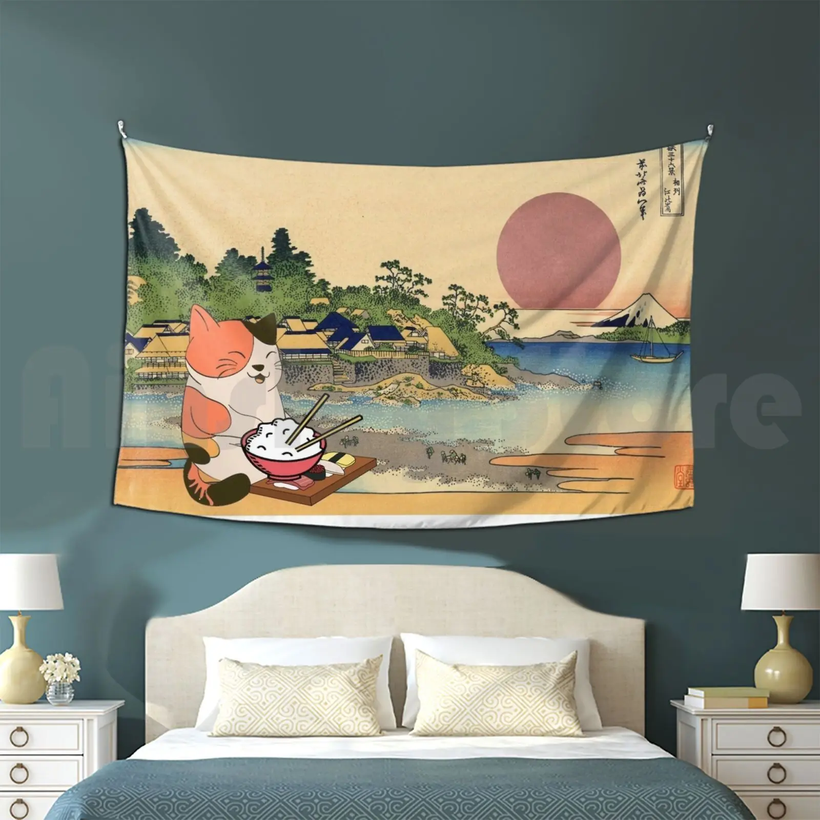 Ramen , Rice Bowl , Cat Kawaii Anime Tee Japanese Gift Tapestry Living Room Bedroom Calico Cat Ramen