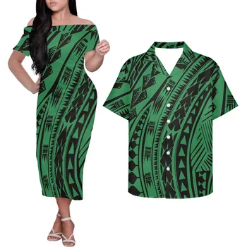 HYCOOL 여성을위한 최신 녹색 사모아 드레스 여름 2pcs 커플 매칭 의류 세트 Polynesian Off Shoulder Dress Match Shirts