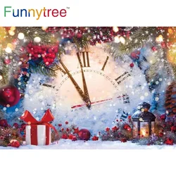 Funnytree Happy New Year Party 2022 Christmas Winter Background Clock Snow Dots Lights Bells Banner Gifts Branches Knot Backdrop