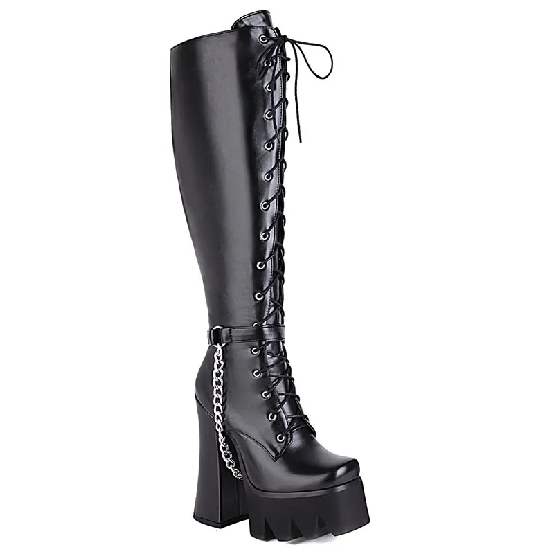 Sgesvier Brand Design Female Motorcycle Boots Black Super High Heel Knee-High Boots Platform With Chain 2021 Street Woman Shoes