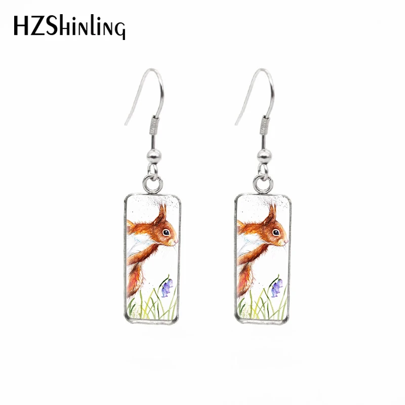 2021 New Funny Squirrel Rectangular Earring Animal Art Fish Hook Earrings Glass Cabochon Handmade Jewelry