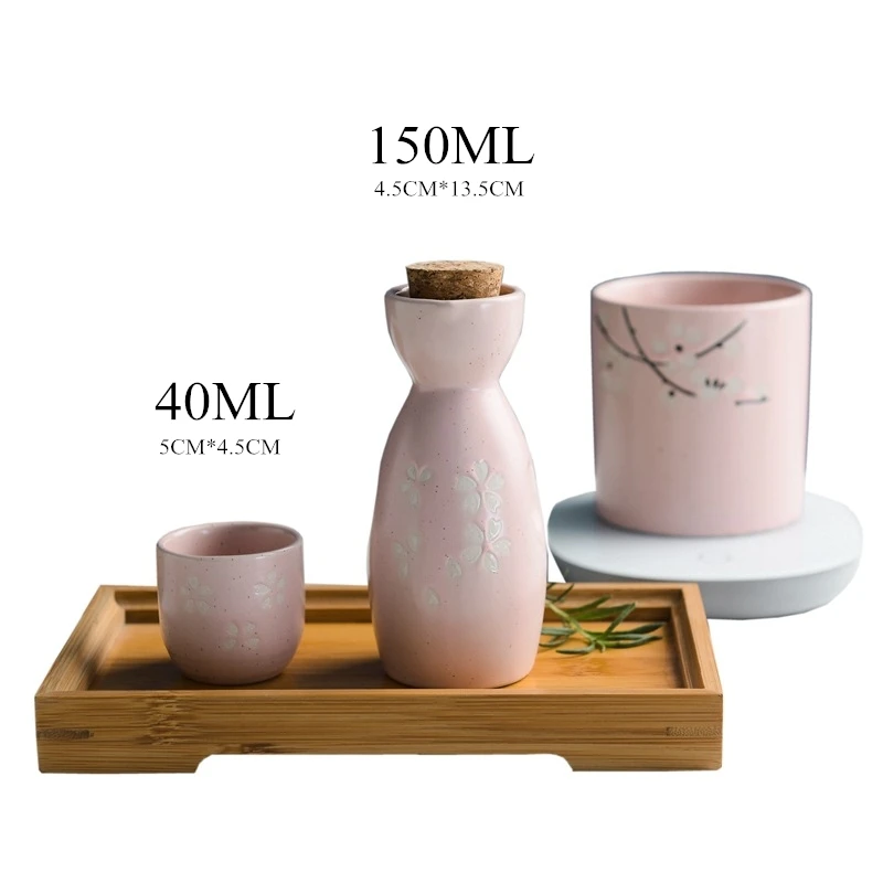 日本酒ワインウォーマー1ポット4カップセラミックwineware桜柄酒ポット黄ワインカップ酒ポットエレガントなギフト