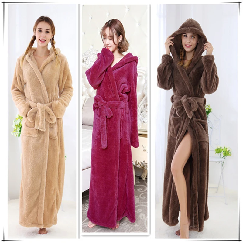 Ladies\' Long Style Mops Floor Warm Long Wool Flannel Nightdress Coral Velvet Bathrobe Morning Gown Kimono Sleepwear Home Dress