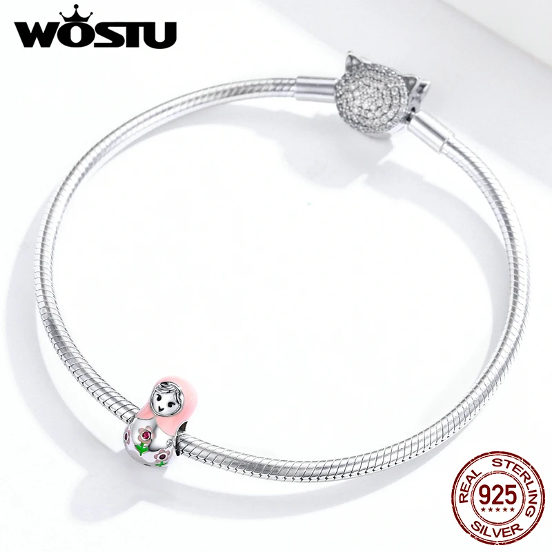 WOSTU Lovely Russian Doll Girls Beads 925 Sterling Silver Fit Original Bracelet Pendant Pink Enamel Charms S925 Jewelry FIC1435