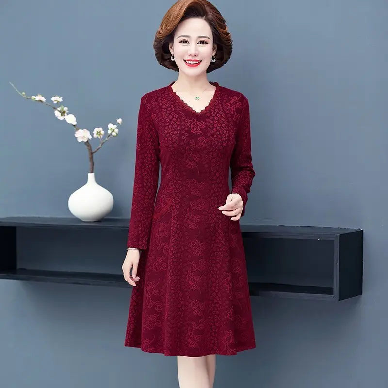 Spring and Autumn  Dresses Jacquard  V-neck  Dress Women Vintage Long Sleeves Ladies Office Robe Dresses