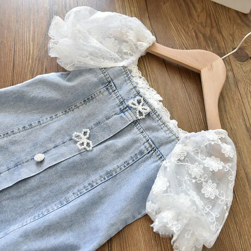 2022 Summer Girls Temperament Dress New Pearl Seersucker Sleeves Stitching Soft Denim A-Line Dresses Children\'S Fashion Clothing