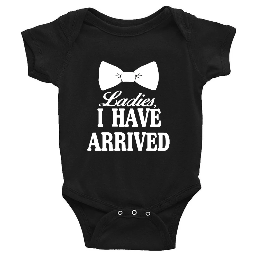 Ladies I Have Arrived Cravat Print Newborn Baby Boys Rompers Funny Announcement Bodysuits Short Sleeve Infant Jumpsuit Clothes