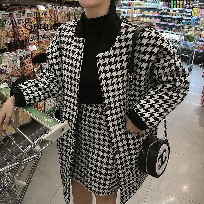 Houndstooth Woolen Two-piece-suit Women Mid Length Woolen Jacket And High Waist Skirt Two-piece Skirt Sets Femme 2020 New