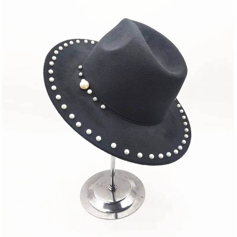 New winter autumn women casual wool bowler hats Panama caps for cowboy Large brim beaded rhinestone Jazz hats gorros