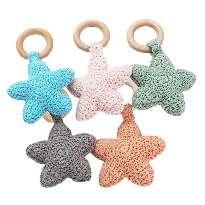 

Chenkai 10PCS Corchet Star Nature Wooden Ring Baby Teether DIY Handmade Infant Pacifier Dummy Nursing Teething Grasping Toy