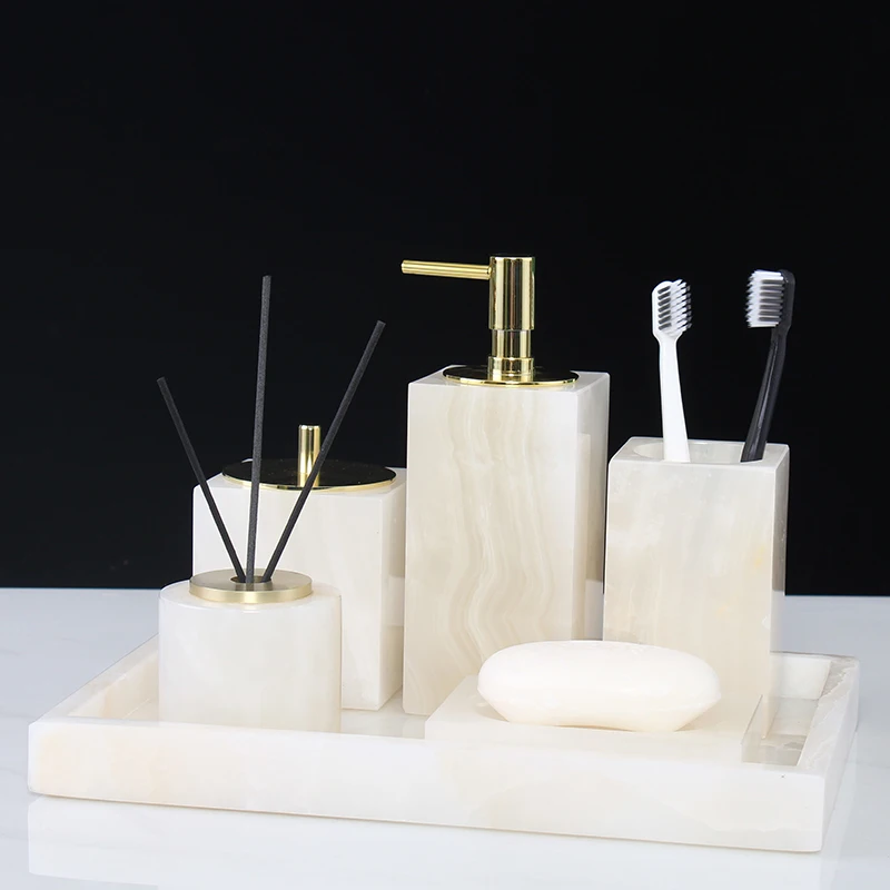 

Natural Marble Bathroom Accessories Nordic Bathroom Set with Tray Lotion Bottle Tumbler Toothbrush Holder Swab Holder BA20121207