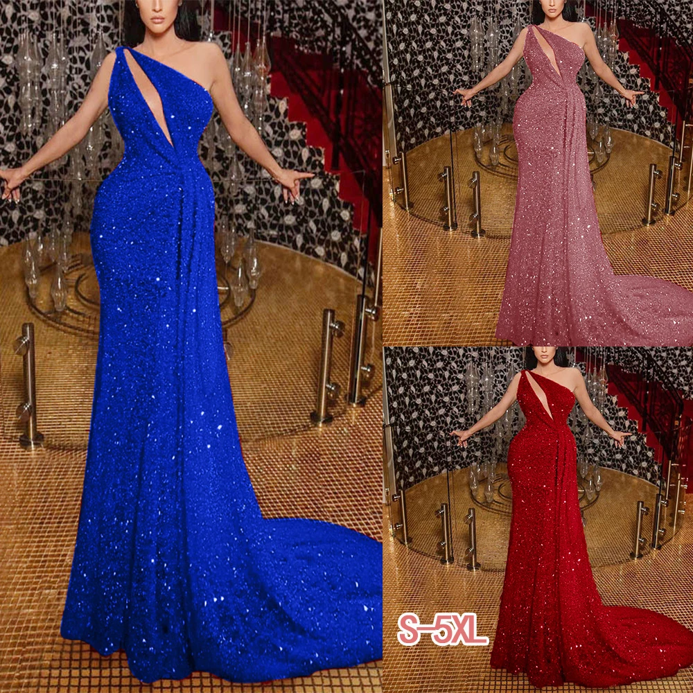 

Autumn and winter women's high waist long skirt sexy lace sequins sleeveless off-shoulder dress party prom prom dress