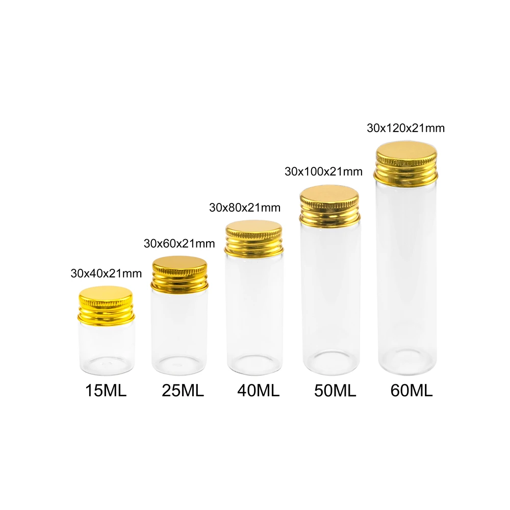 

12Pcs Hyaline Glass Bottles Empty 15ml 25ml 40ml 50ml 60ml Process Pot Golden Spiral Aluminum Cap Refillable Vials