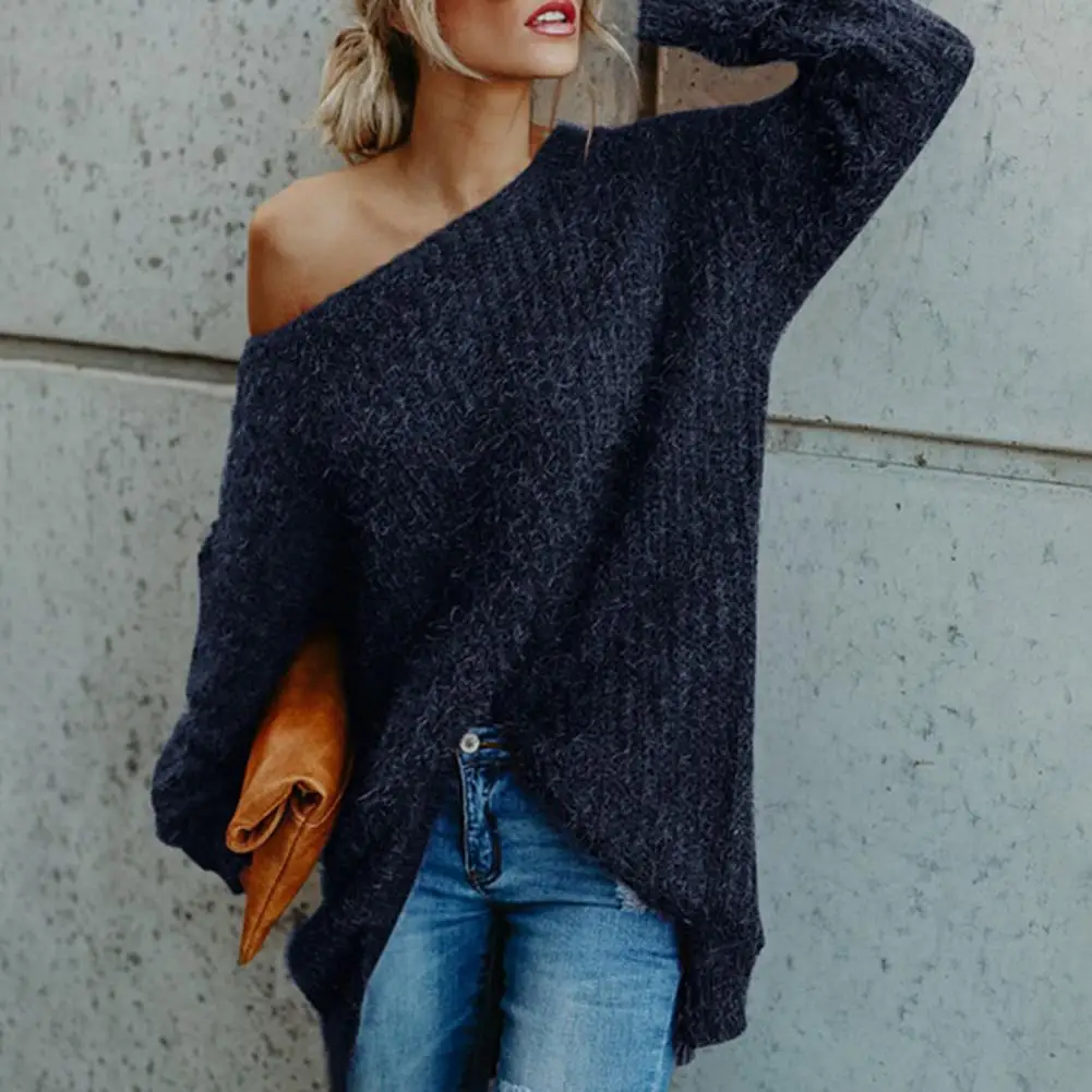 

Sexy Off Shoulder Knitted Sweater Women Solid Loose Flare Sleeve Pullover Jumpers Female Mink Cashmere Sweater poncho pull femme