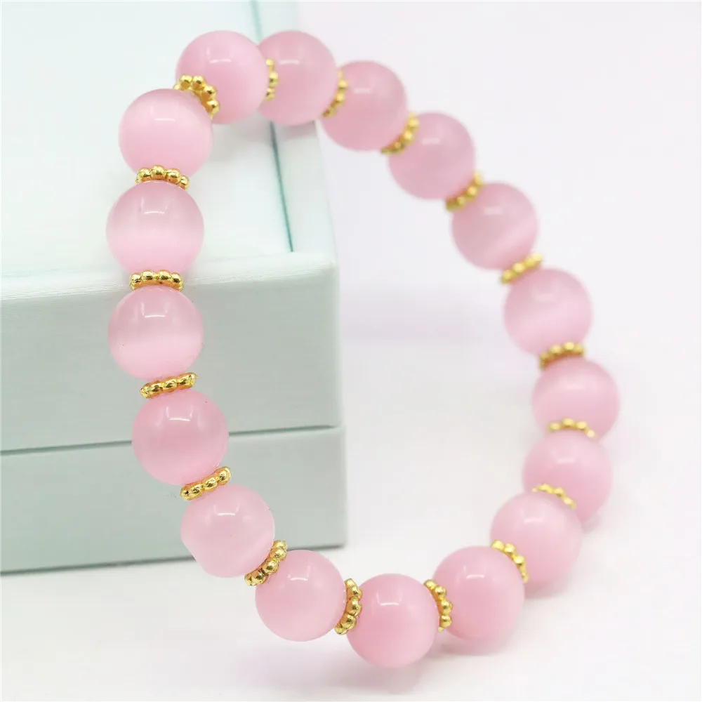 10mm Pink Cat`s Eyes Stone Bracelet Round Jaspers Elastic Jewelry Making Design Alloy Flower Septal Beads Girls Gifts Accessory