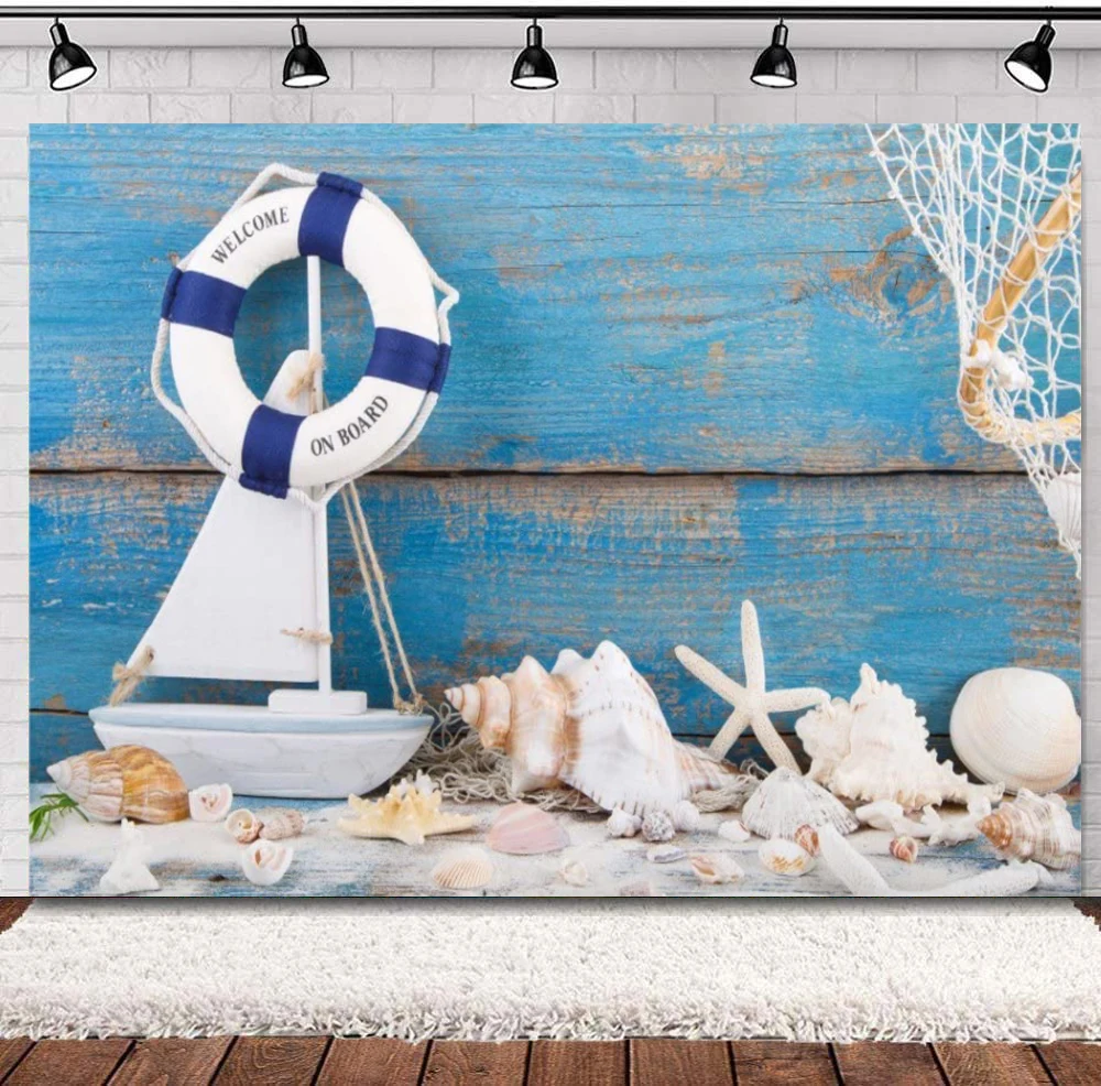 Blue Wooden Splint Board Sailor Photography Backdrop Nautical Anchor Starfish Fishnet Seashell Background Life Buoy Shell Boat