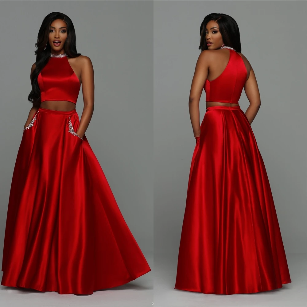 

A Line High Neck Formal Dresses Sleeveless Two Pieces Dress Prom Party Gown Floor-Length Red Beaded Evening Dress Sequins Pocket